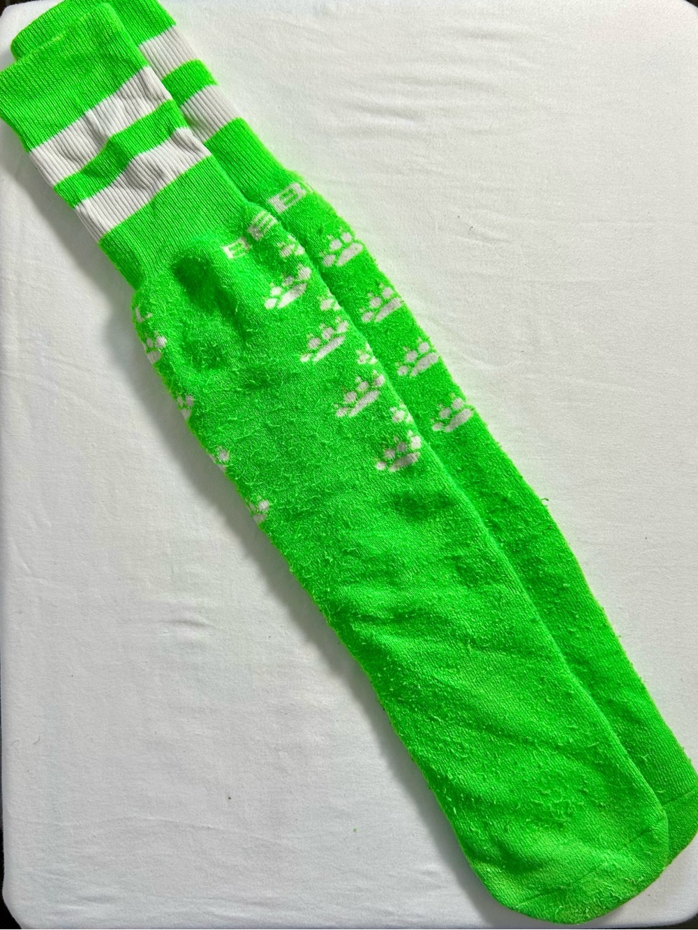 Green Fuzzy Socks | White paw prints
